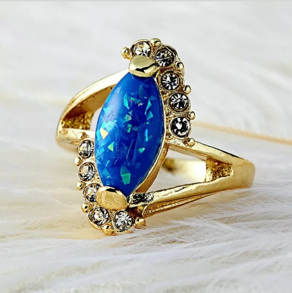 New Marquise Cut Blue Fire Opal Gold Ring. - Picture 2 of 2